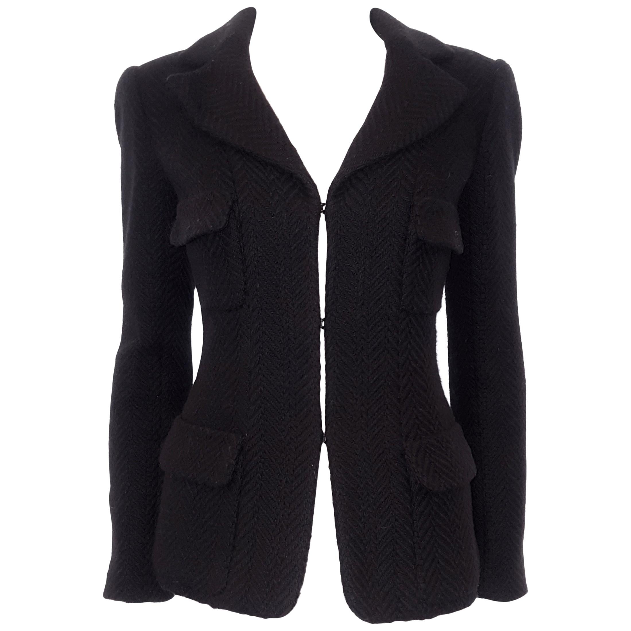 Chanel Black Herringbone Wool 2006 Fall Collection Jacket 40 For Sale