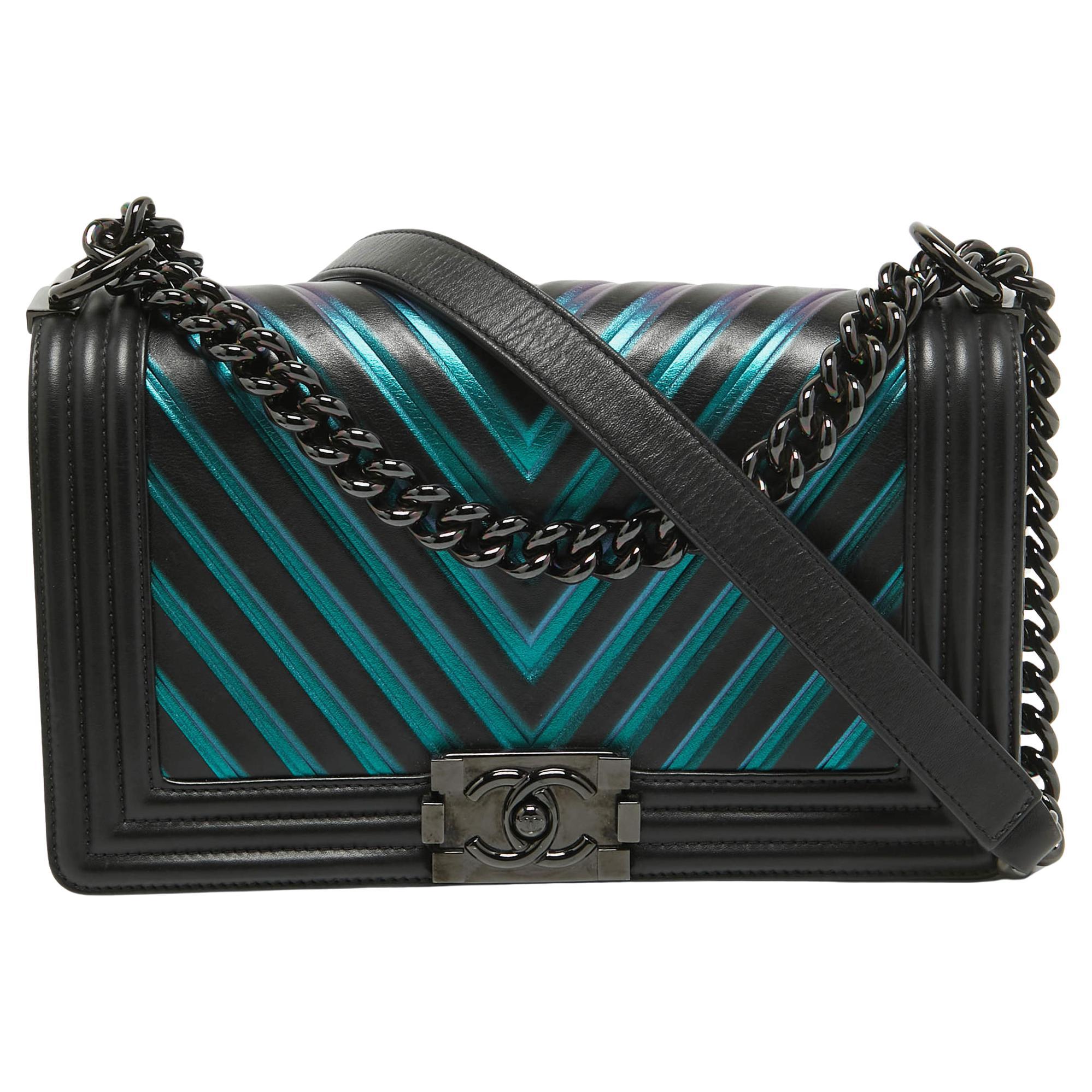 Chanel Black/Holographic Chevron Leather Medium Boy Flap Bag For Sale