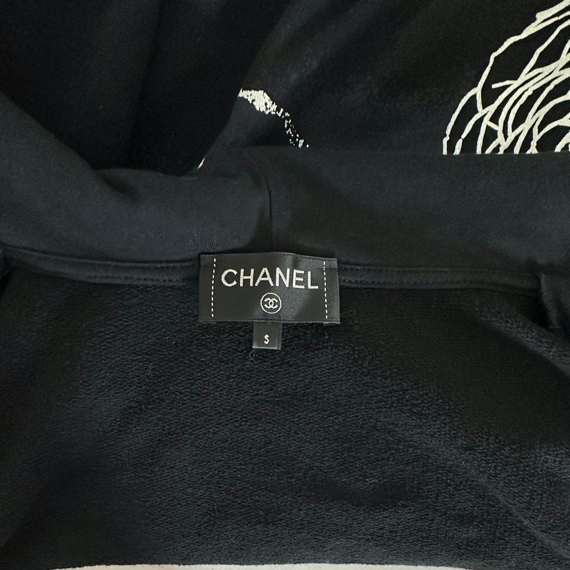 CHANEL Black Hoodie Jacket Cardigan Sweater Long Sleeve Graphic White Zipper S 1