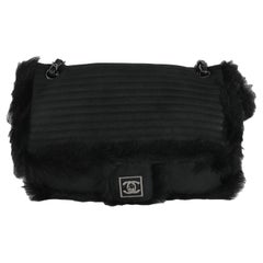 Chanel Black Horizontal Stitch Shearling CC Flap Bag