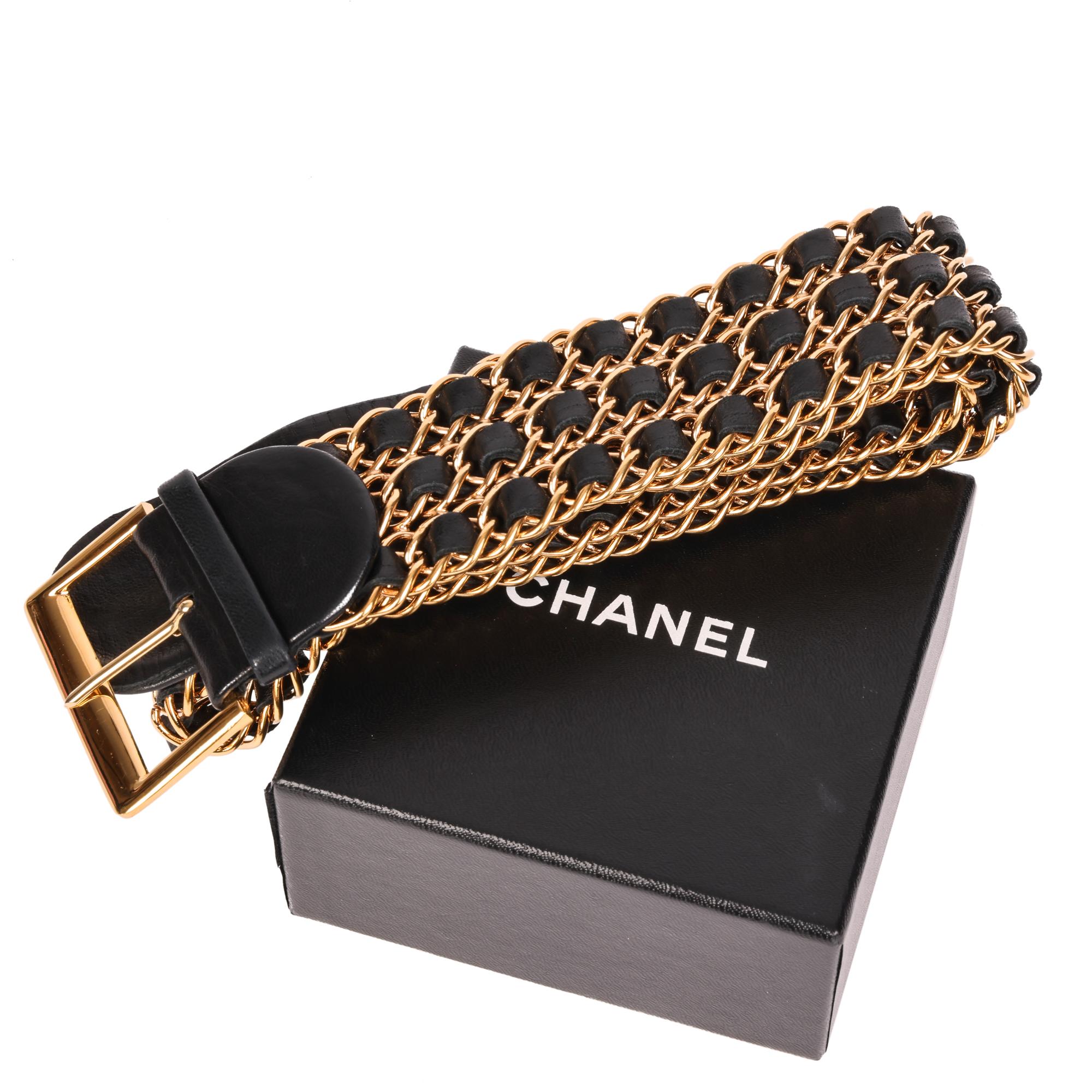Women's Chanel BLACK INTERLACED LAMBSKIN & GOLD VINTAGE 3 ROW CHAIN BELT