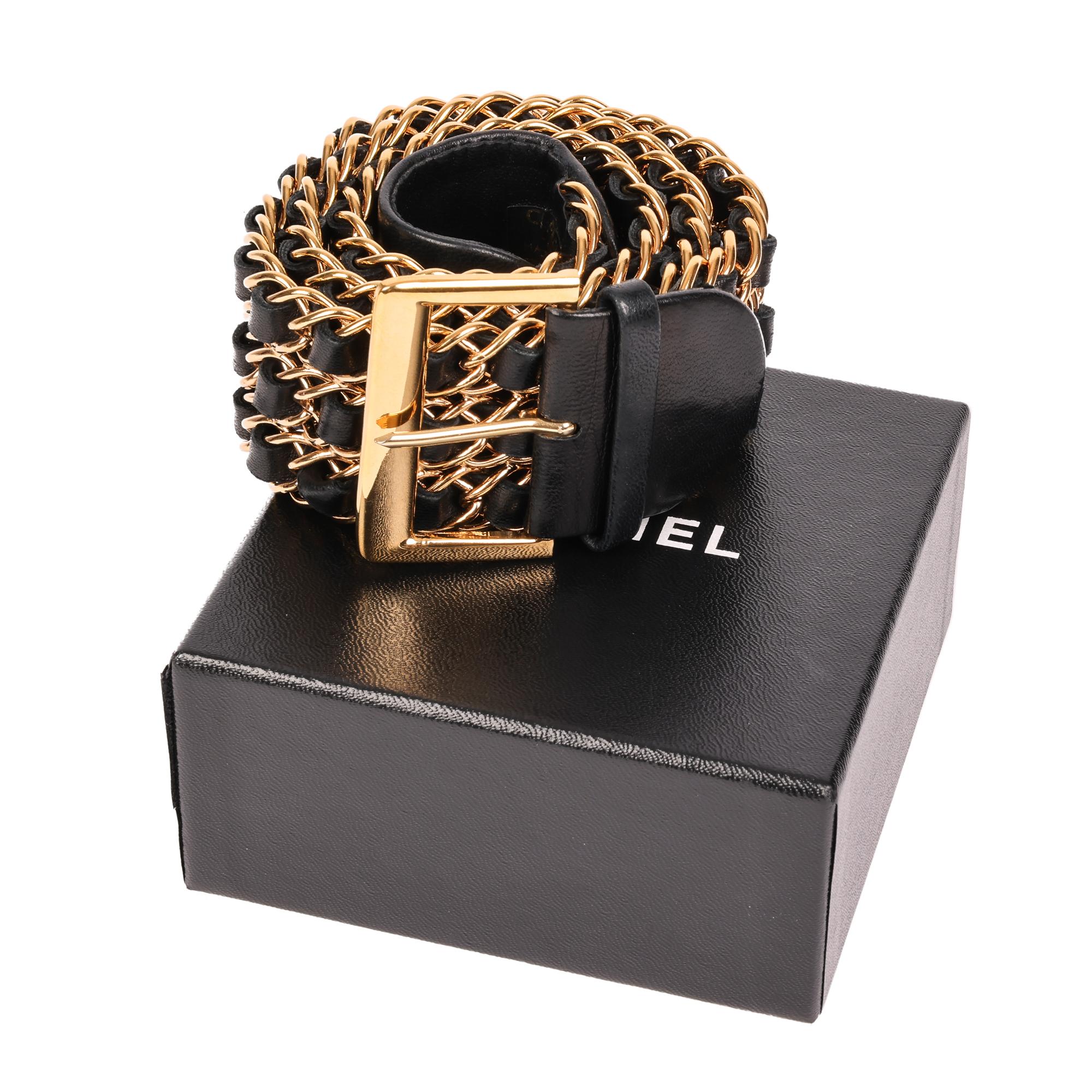 Chanel BLACK INTERLACED LAMBSKIN & GOLD VINTAGE 3 ROW CHAIN BELT 1