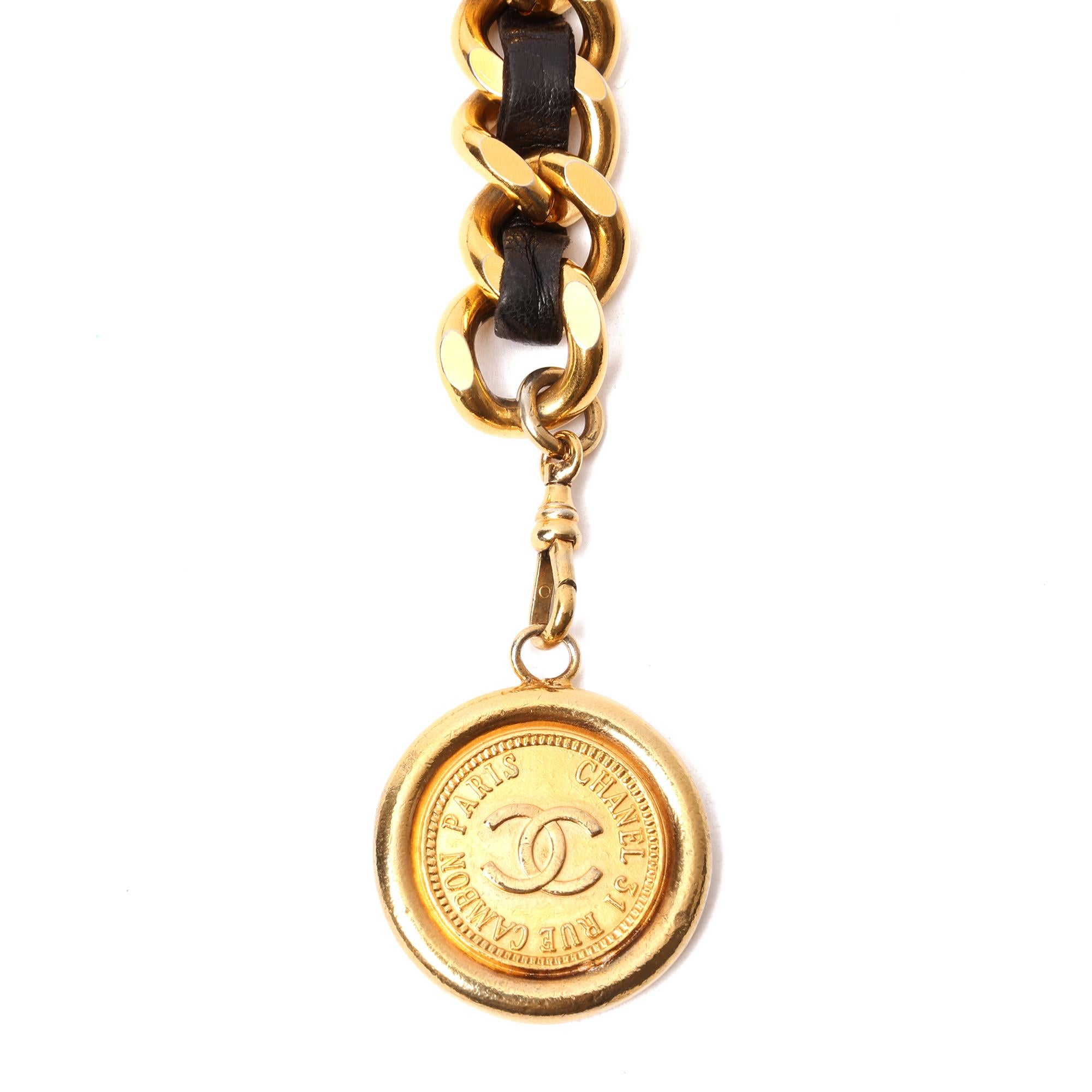 BRAND	Chanel
MODEL	Chunky Coin Chain Belt
GENDER	Women's
MATERIAL(S)	Lambskin Leather, Metal
COLOUR	Black
HARDWARE	Gold
HEIGHT	1.5cm
WIDTH	Belt Circumference Adjustable up to 80cm
AUTHENTICITY DETAILS	CHANEL R
