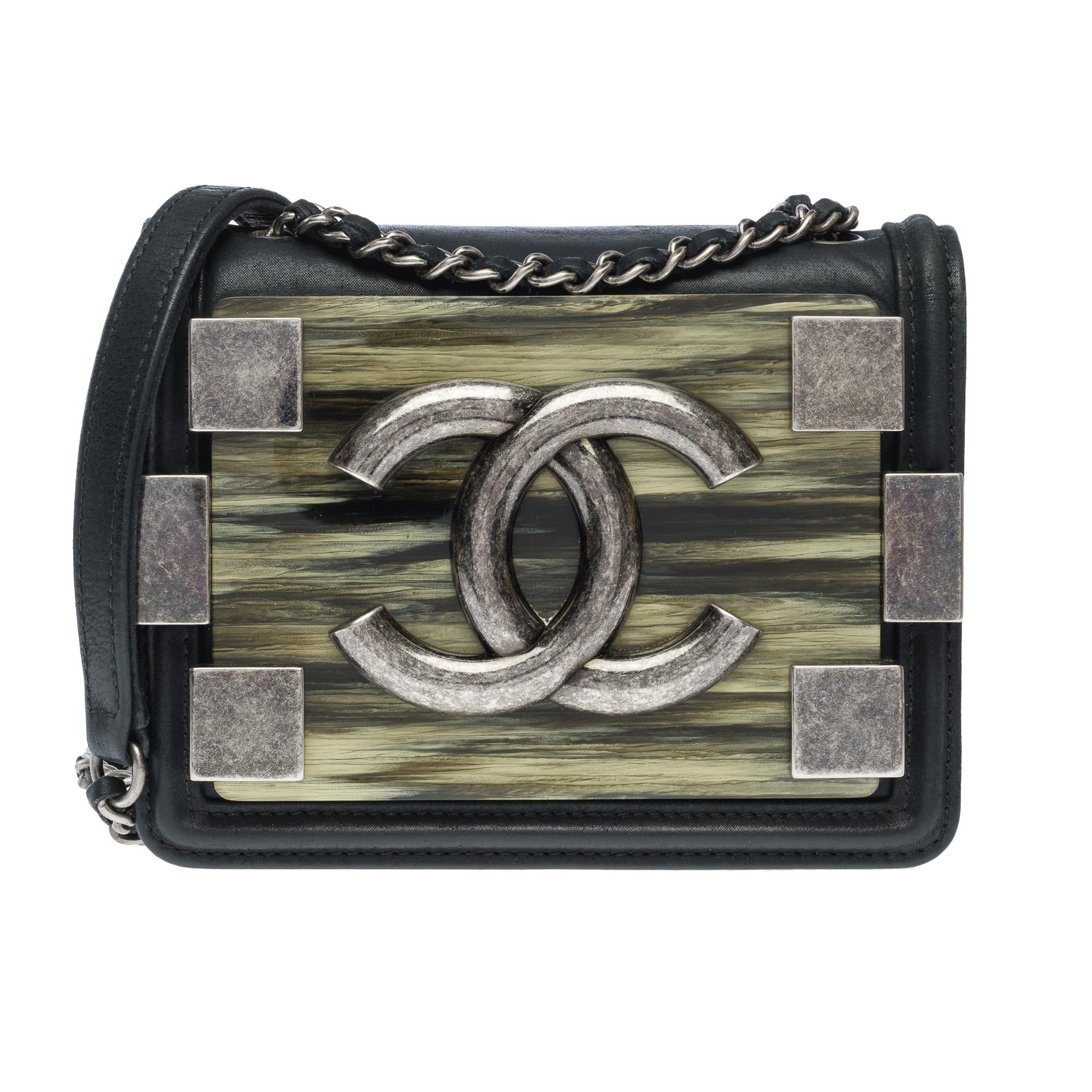 Chanel Black Iridescent Lambskin and Marble Plexiglass Mini Boy Brick Ruthenium For Sale 1