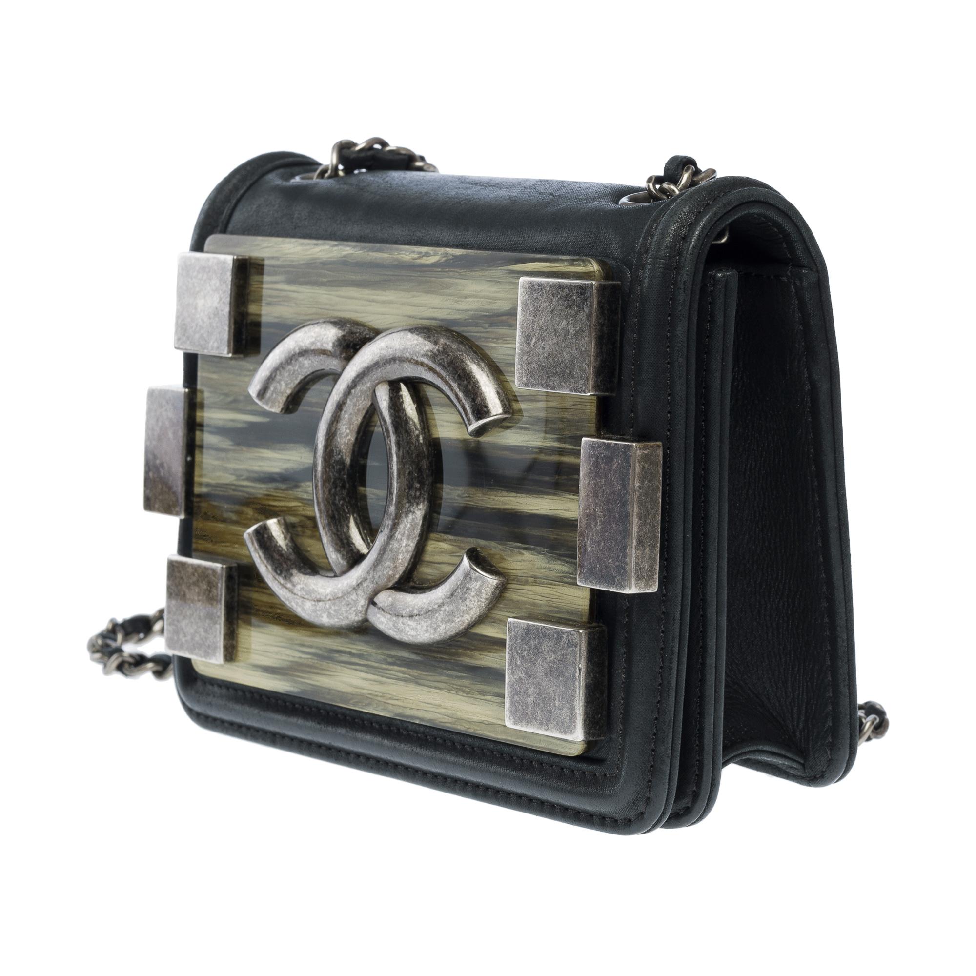 Chanel Black Iridescent Lambskin and Marble Plexiglass Mini Boy Brick Ruthenium For Sale 3