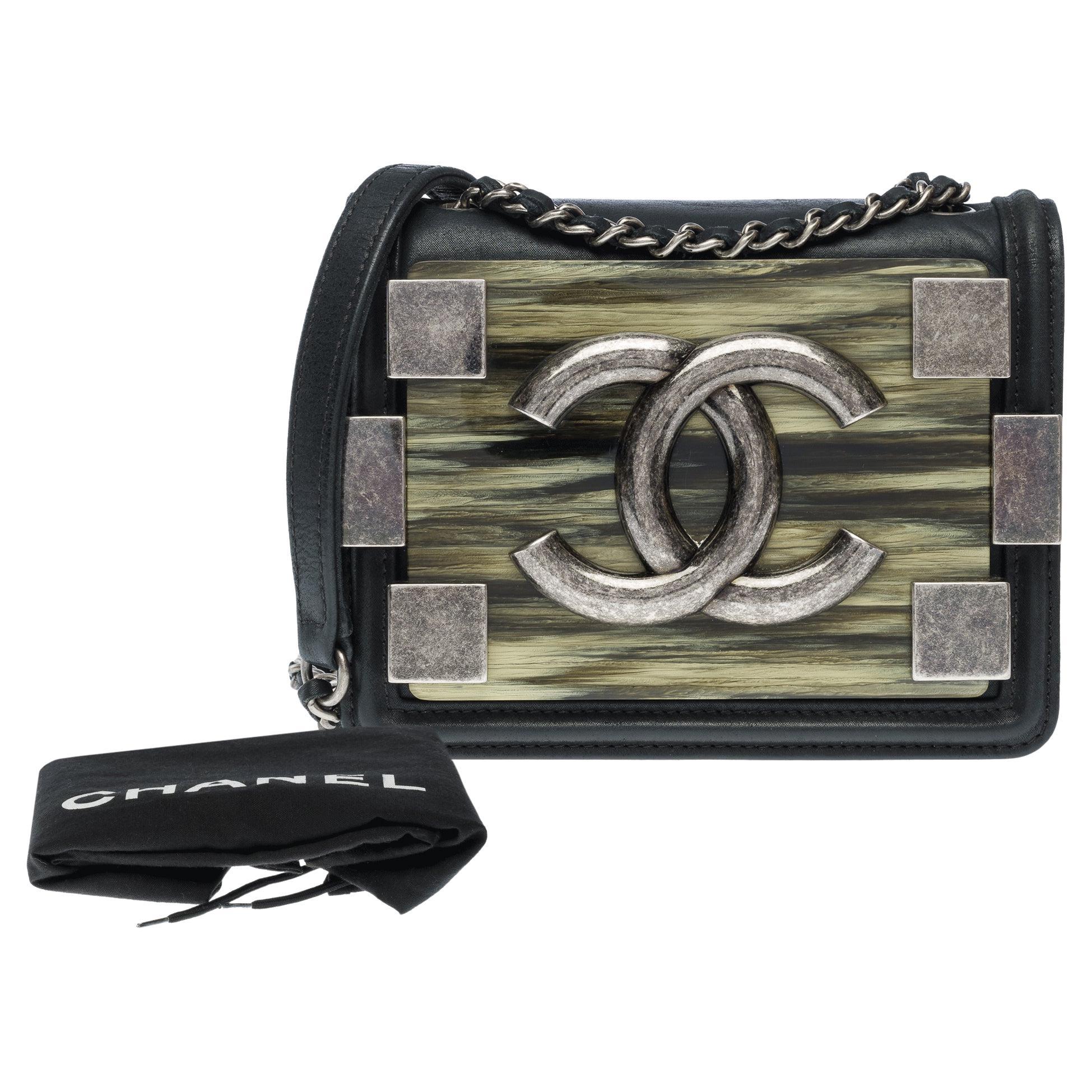 Chanel Black Iridescent Lambskin and Marble Plexiglass Mini Boy Brick Ruthenium For Sale