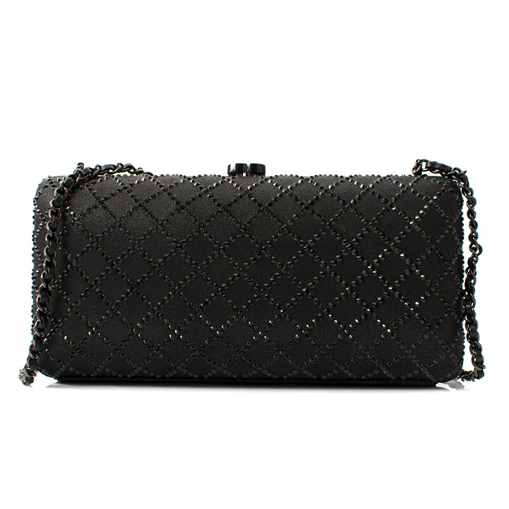 Chanel Clutch in Black Iridescent Lambskin Embellished with Black Crystals in a Diamond Pattern and Gunmetal Tone CC Closure and Chain and Lambskin Strap, Lined in Satin. 
2017

Includes Dust Bag and Authenticity Card. 
Size: OS

21 cm x 4cm x 11cm