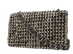 Chanel Black Ivory Gold Tweed Stripe Silver Medium Evening Shoulder Flap Bag