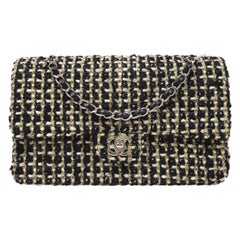 Chanel Black Ivory Gold Tweed Stripe Silver Medium Evening Shoulder Flap Bag 