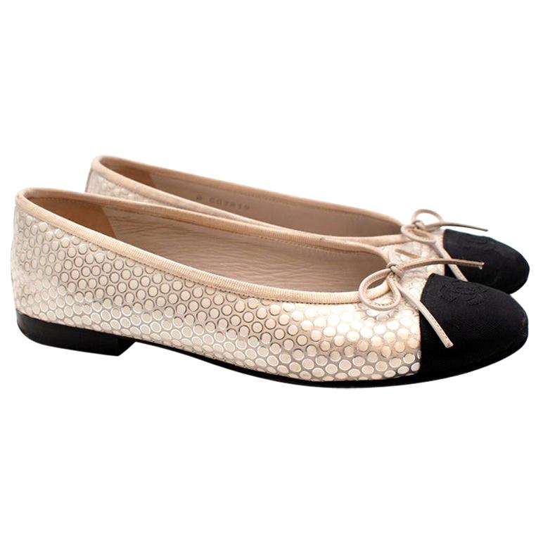 Chanel Black and Ivory Metallic Spotted Ballerina Flats - Size EU