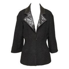 CHANEL Black Jacket Blazer Coat Tweed MetaIlic Leather Silver Chain Sz 42 2014 C