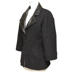 CHANEL Black Jacket Blazer Coat Tweed MetaIlic Leather Silver Chain Sz 42 2014 C