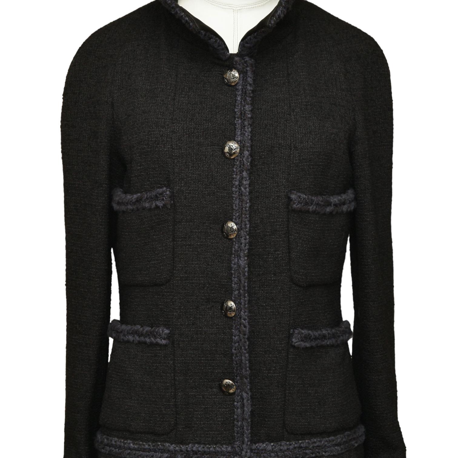 CHANEL  Black Jacket Tweed Wool Braided Gunmetal Buttons Pockets 40 2013 RUNWAY 2