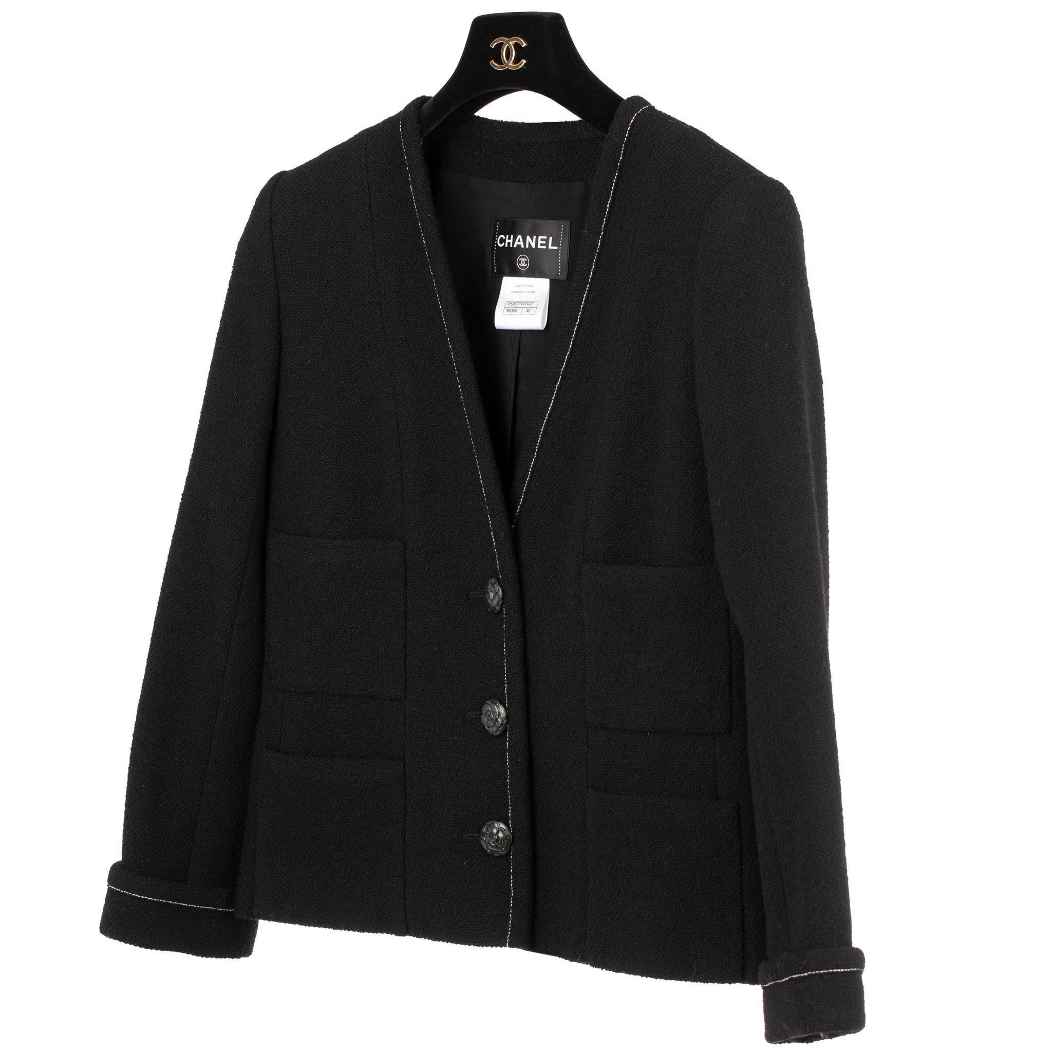 Chanel Black Jacket With Camelia Buttons 40 FR In Excellent Condition In DOUBLE BAY, NSW