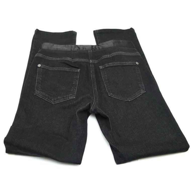CHANEL Black Jeans Denim Straight Leg Mid-Rise Belt Rome Pockets Sz 38