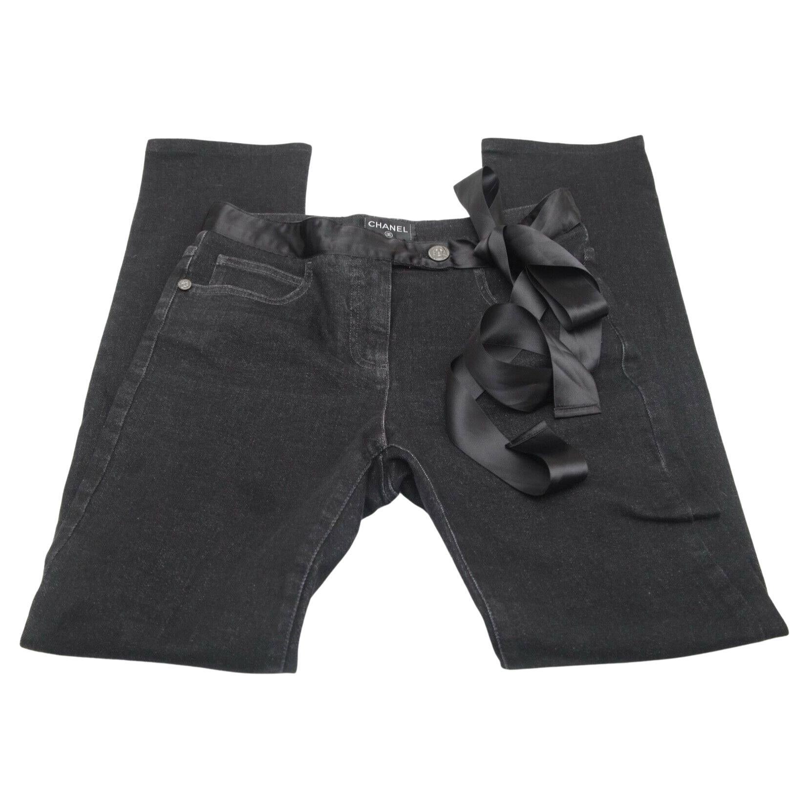 Chanel Black Jeans Denim Straight Leg Mid-Rise Belt Rome Pockets Sz 38