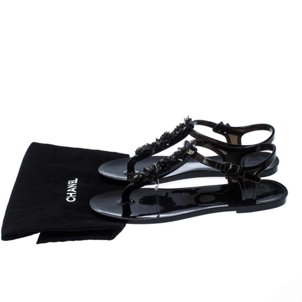 Chanel Black Jelly Camelia Thong Flat Sandals Size 36 4