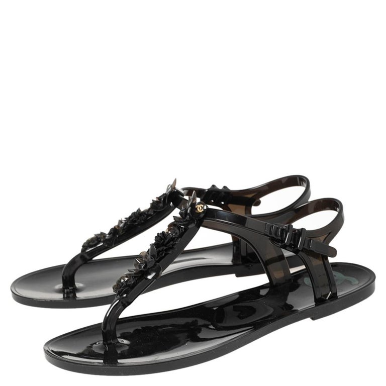 Chanel Black Jelly Camellia Ankle Strap Flat Sandals Size 37 For Sale at  1stDibs