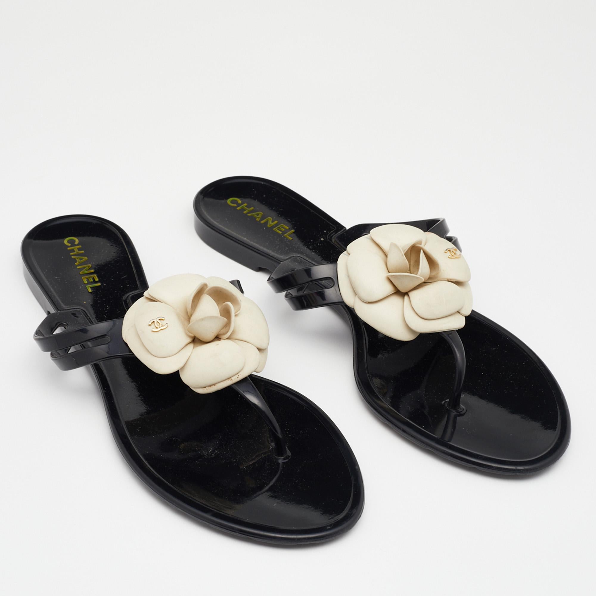 Women's Chanel Black Jelly Camellia Embellished Thong Sandals Size 41