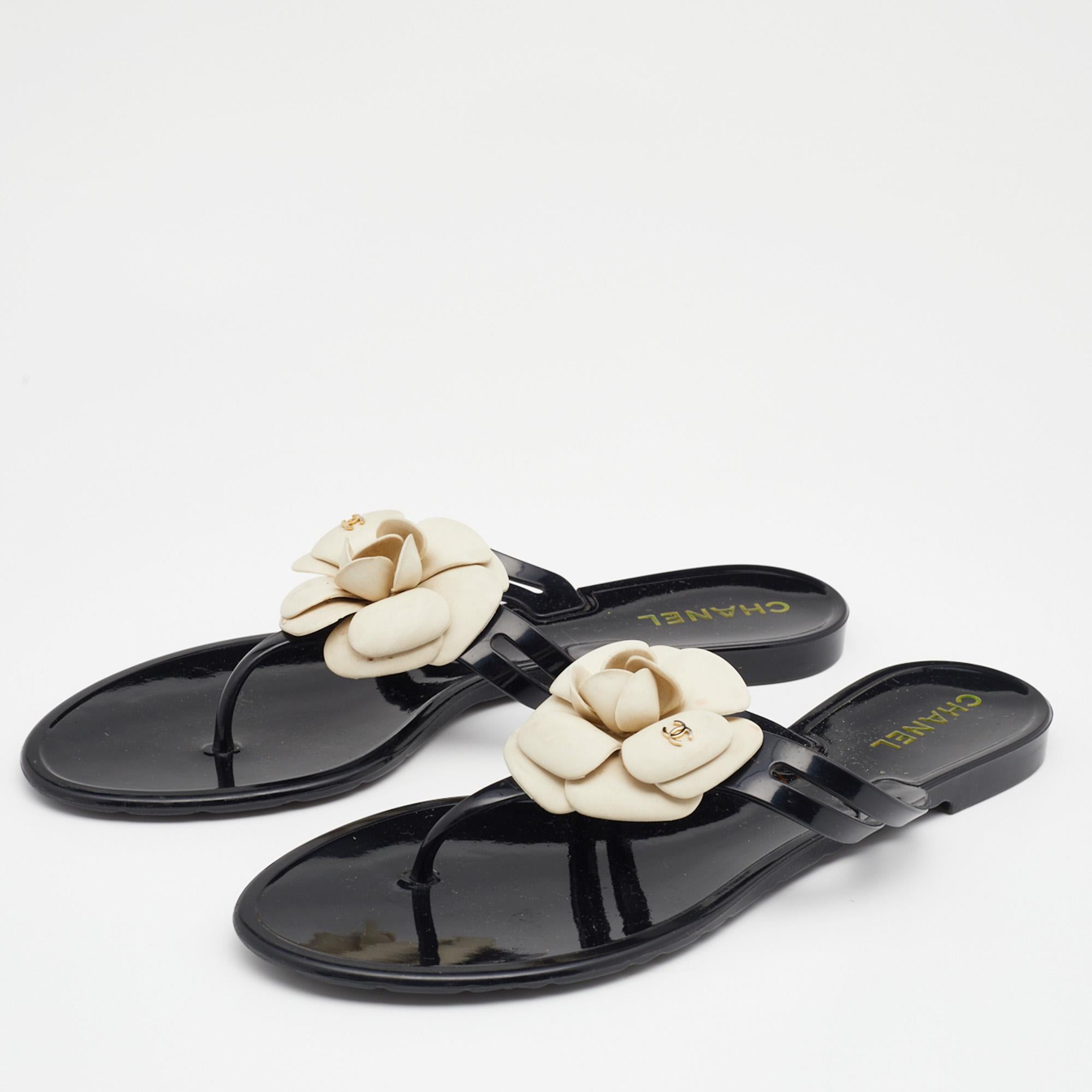 Chanel Black Jelly Camellia Embellished Thong Sandals Size 41 1