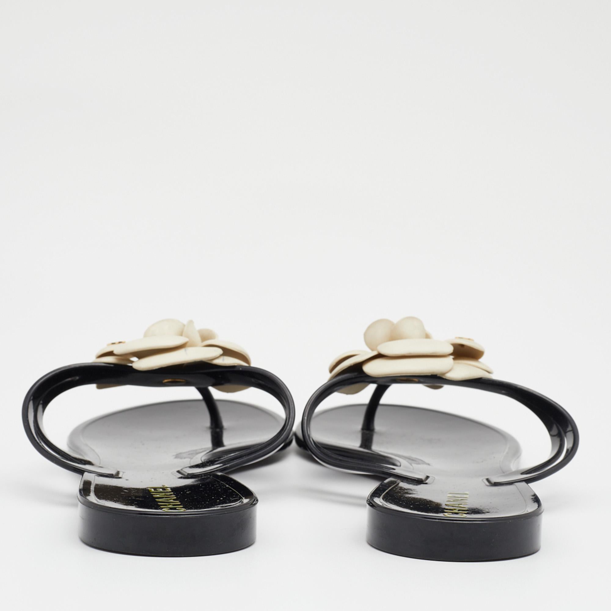 Chanel Black Jelly Camellia Embellished Thong Sandals Size 41 2