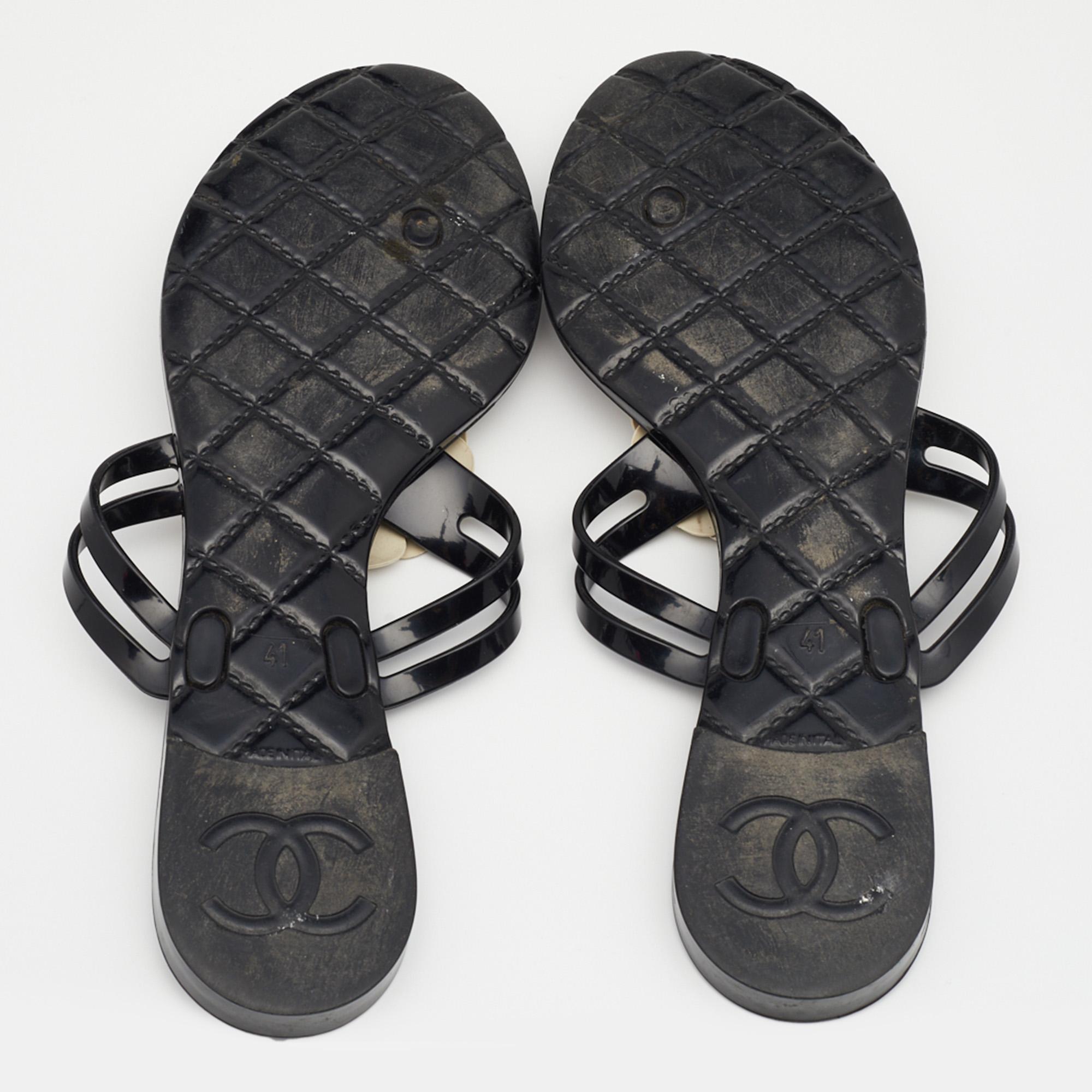 Chanel Black Jelly Camellia Embellished Thong Sandals Size 41 3
