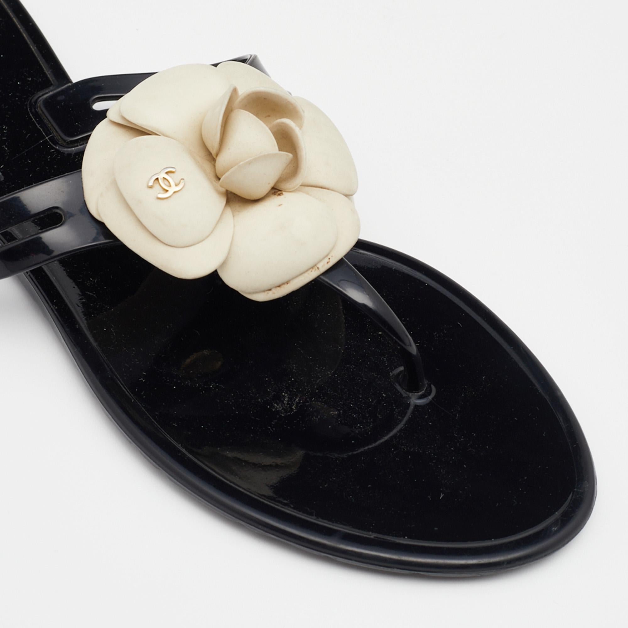 Chanel Black Jelly Camellia Embellished Thong Sandals Size 41 3