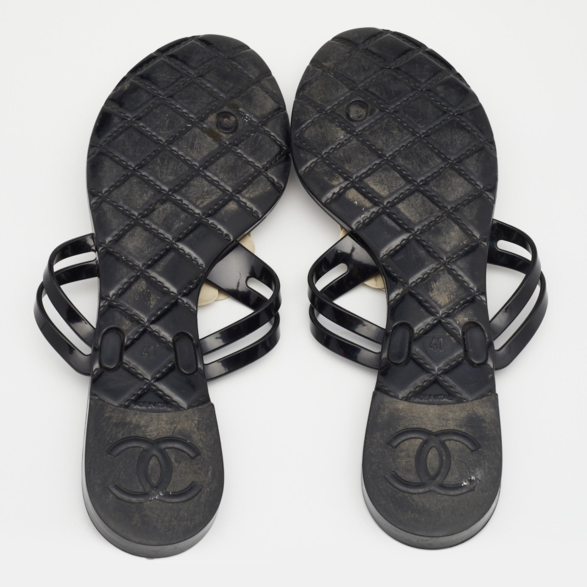 Chanel Black Jelly Camellia Embellished Thong Sandals Size 41 4