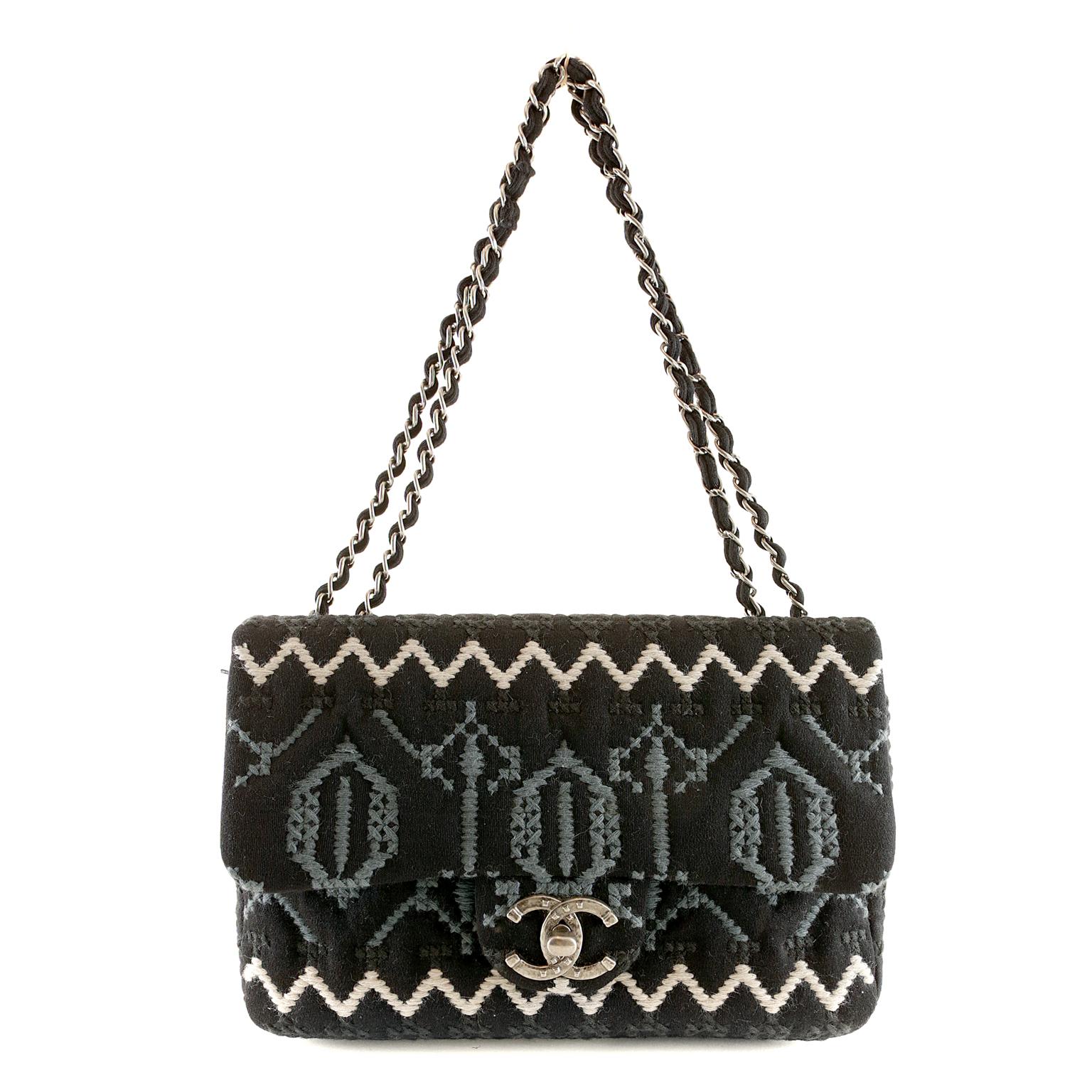 Chanel Black Jersey Embroidered Classic Flap Bag 5
