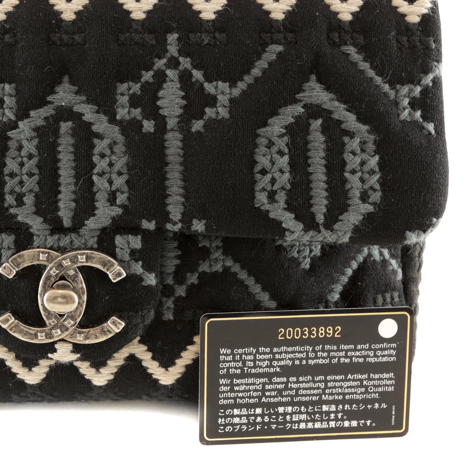 Chanel Black Jersey Embroidered Classic Flap Bag 6