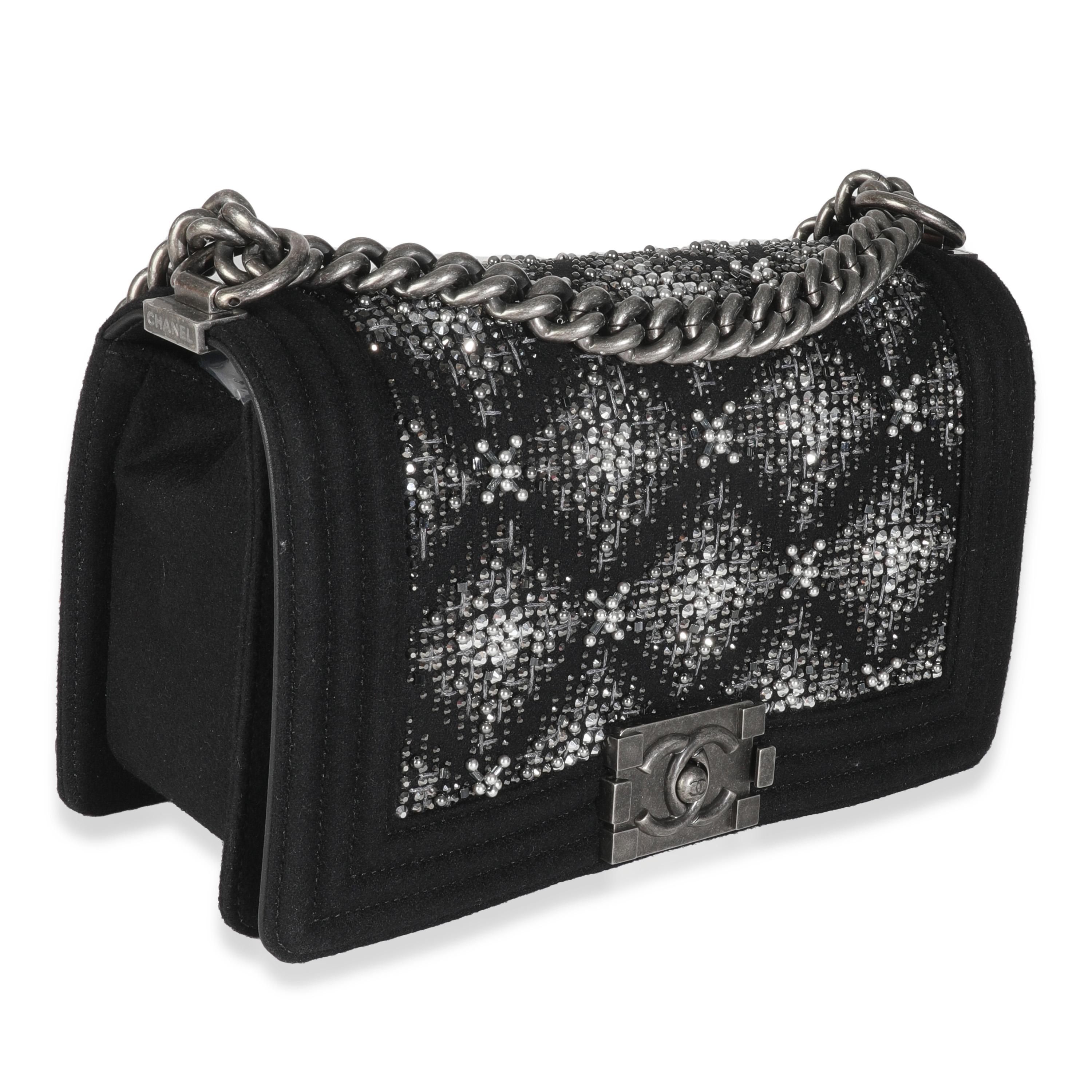 Chanel Black Jersey Strass Old Medium Boy Bag In Excellent Condition For Sale In New York, NY