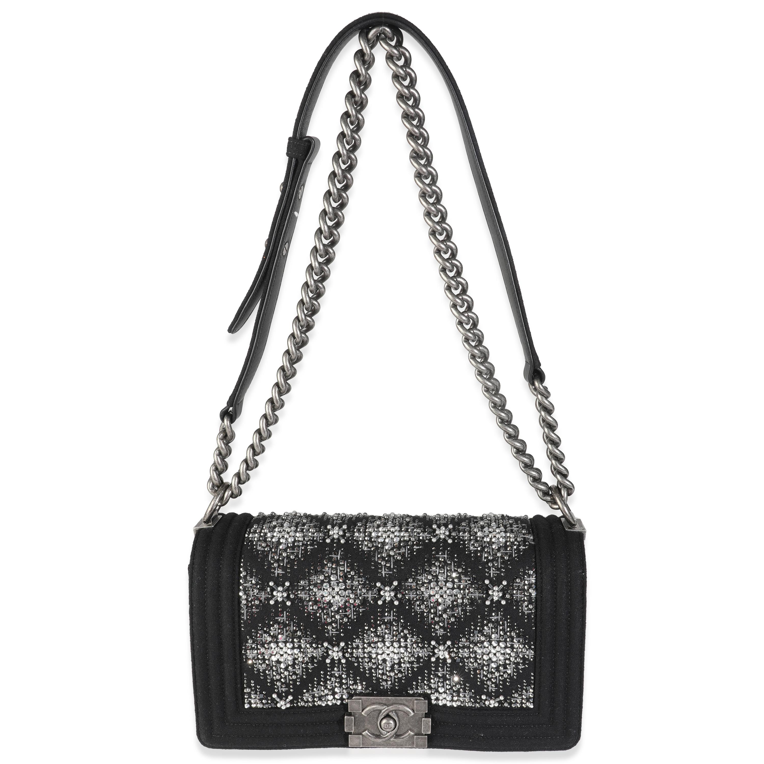 Chanel Black Jersey Strass Old Medium Boy Bag For Sale 2