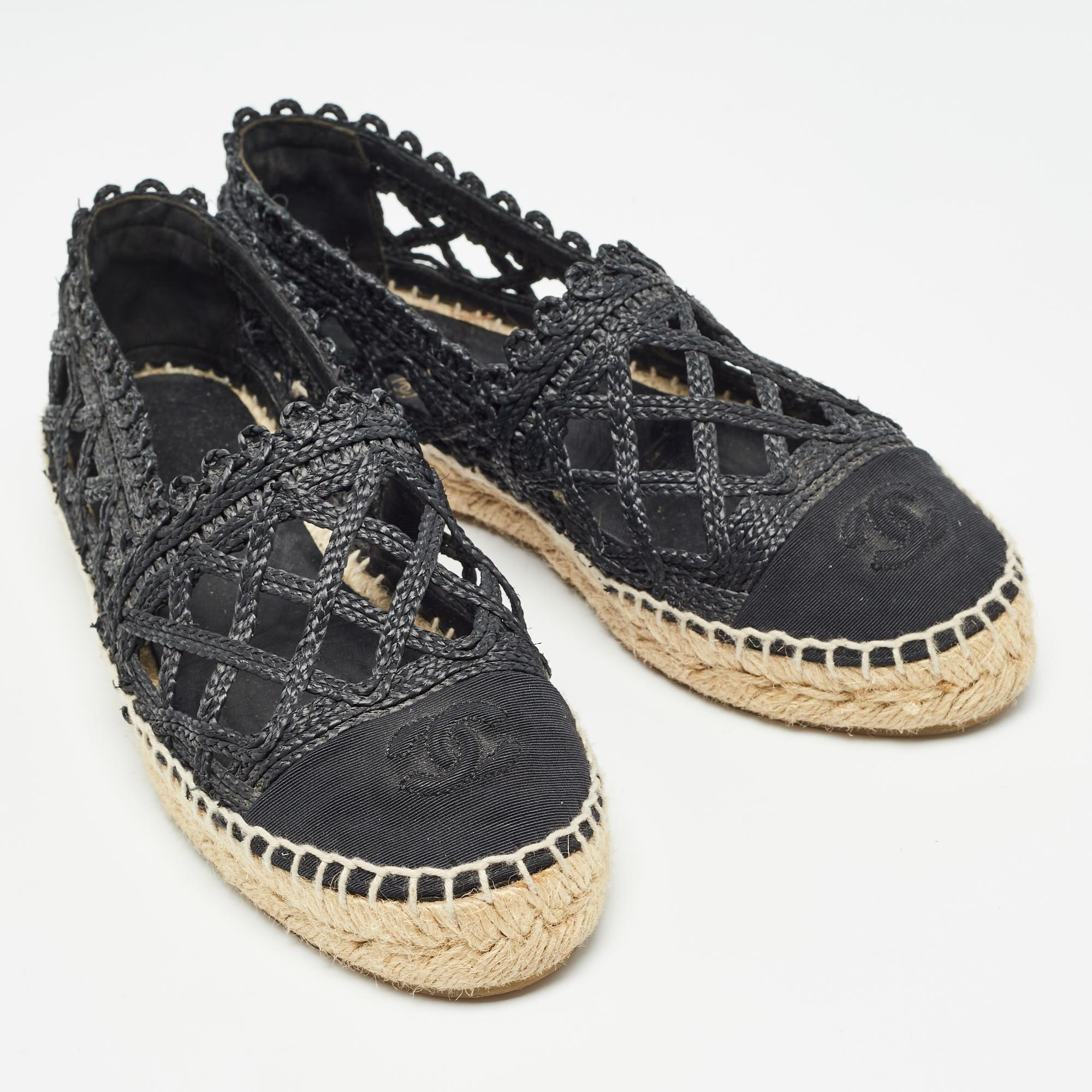 Women's Chanel Black Jute And Canvas CC Cap Toe Espadrilles Flats Size 37