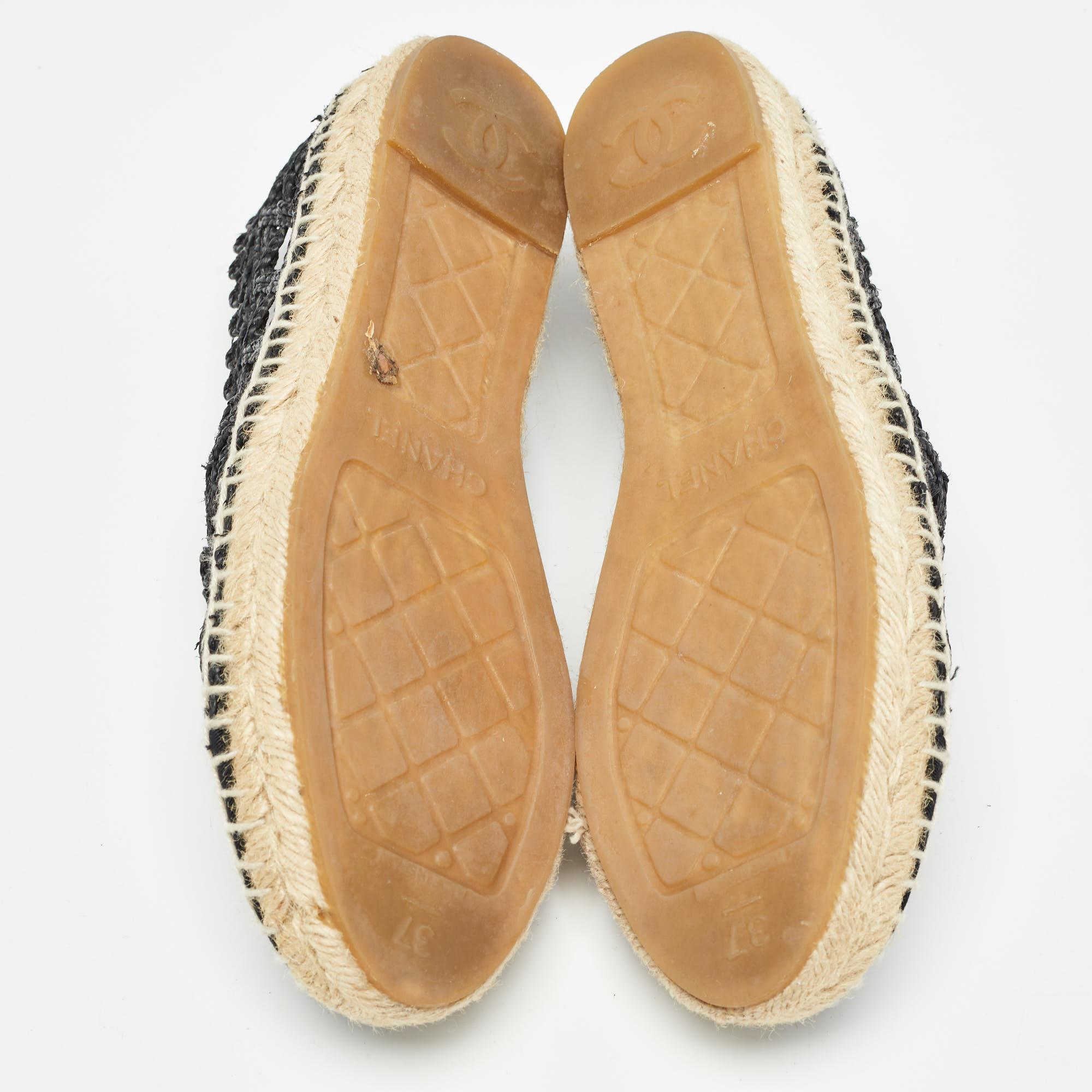 Chanel Black Jute And Canvas CC Cap Toe Espadrilles Flats Size 37 2