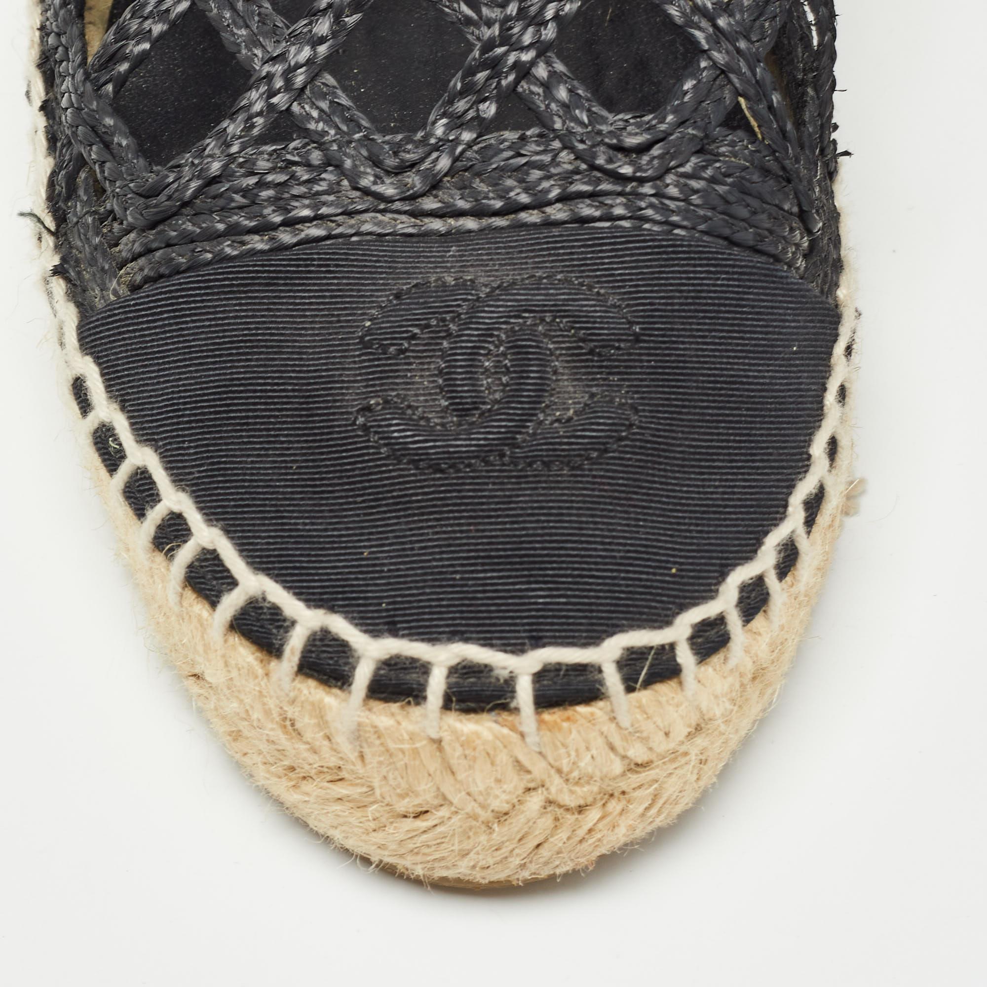 Chanel Black Jute And Canvas CC Cap Toe Espadrilles Flats Size 37 3