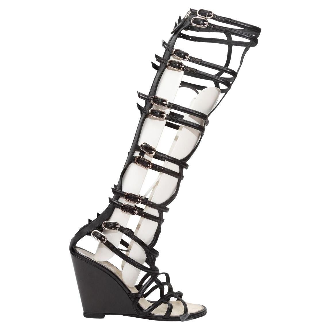 Chanel Black Knee-High Gladiator Wedge Sandals For Sale