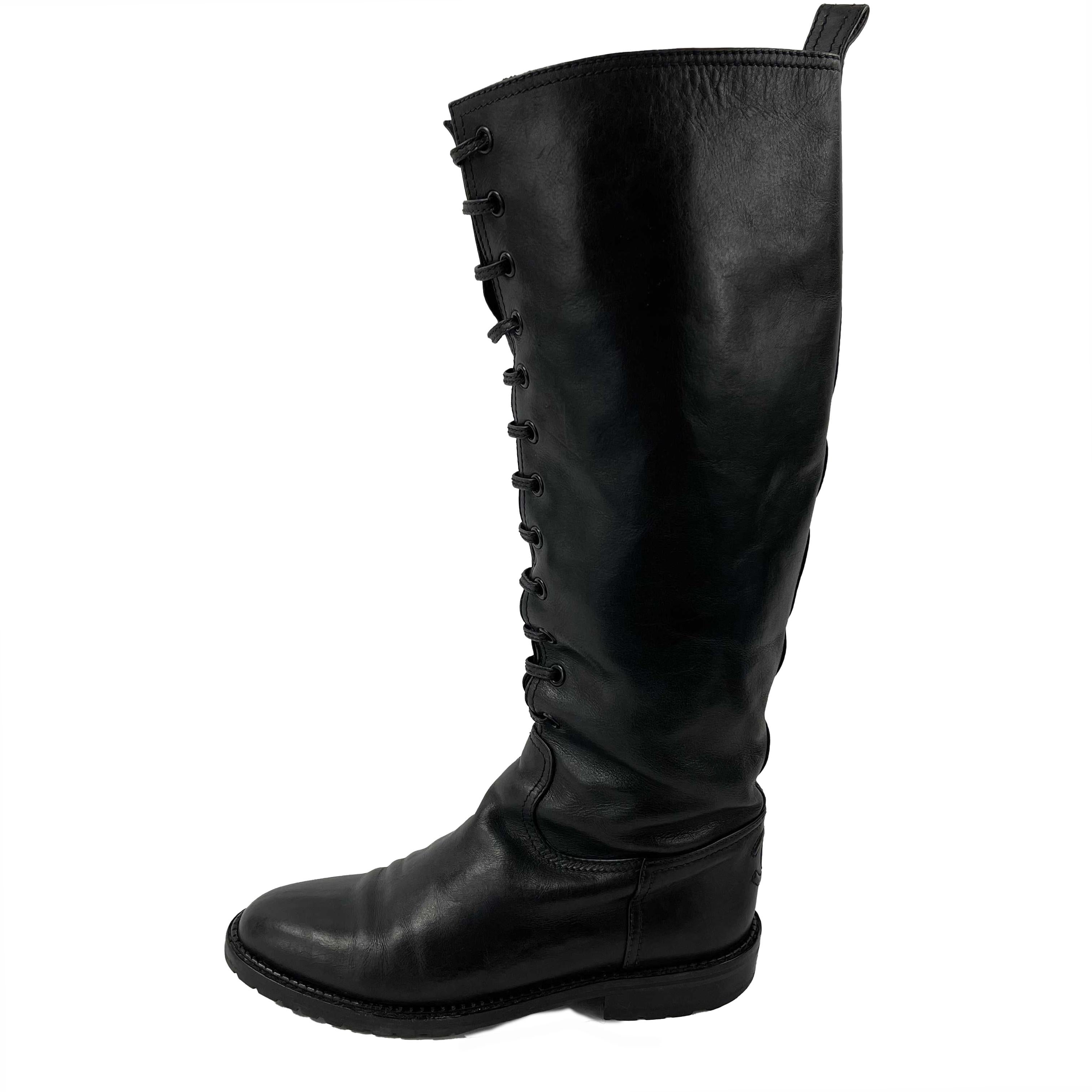 CHANEL Black Knee-High Leather Lace-Up Biker Boots FR 36 US 6 For Sale 3