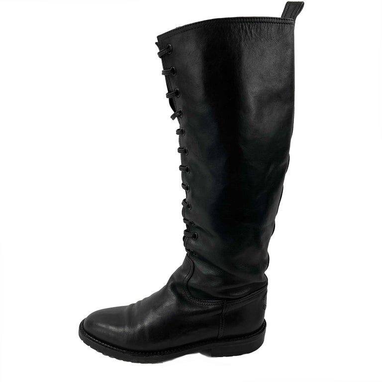 CHANEL Black Knee-High Leather Lace-Up Biker Boots FR 36 US 6
