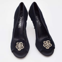 Chanel Black Knit Fabric CC Camellia Crystal Embellished Open Toe Pumps Size 40