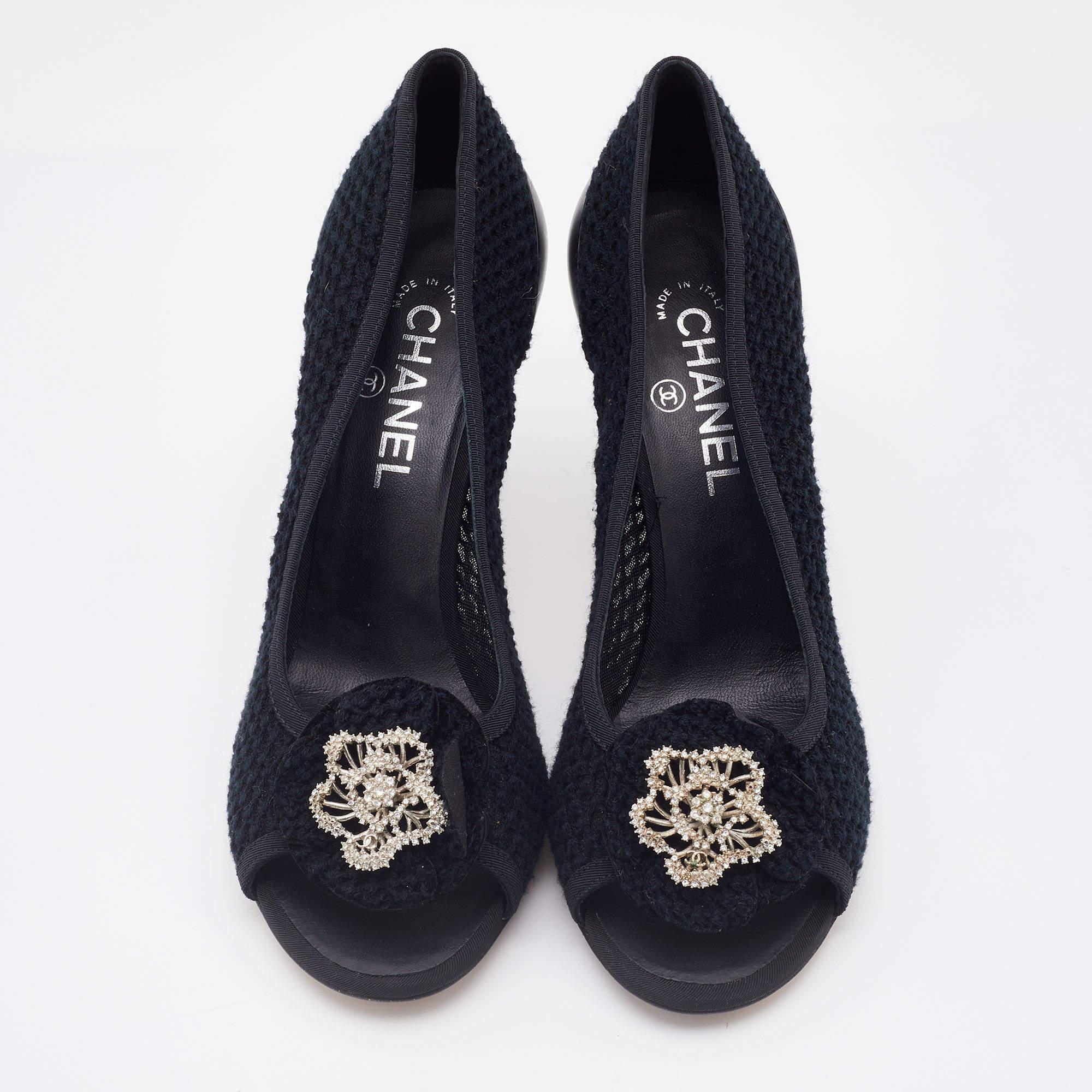 Chanel Black Knit Fabric CC Camellia Crystal Embellished Open Toe Pumps Size 40 1