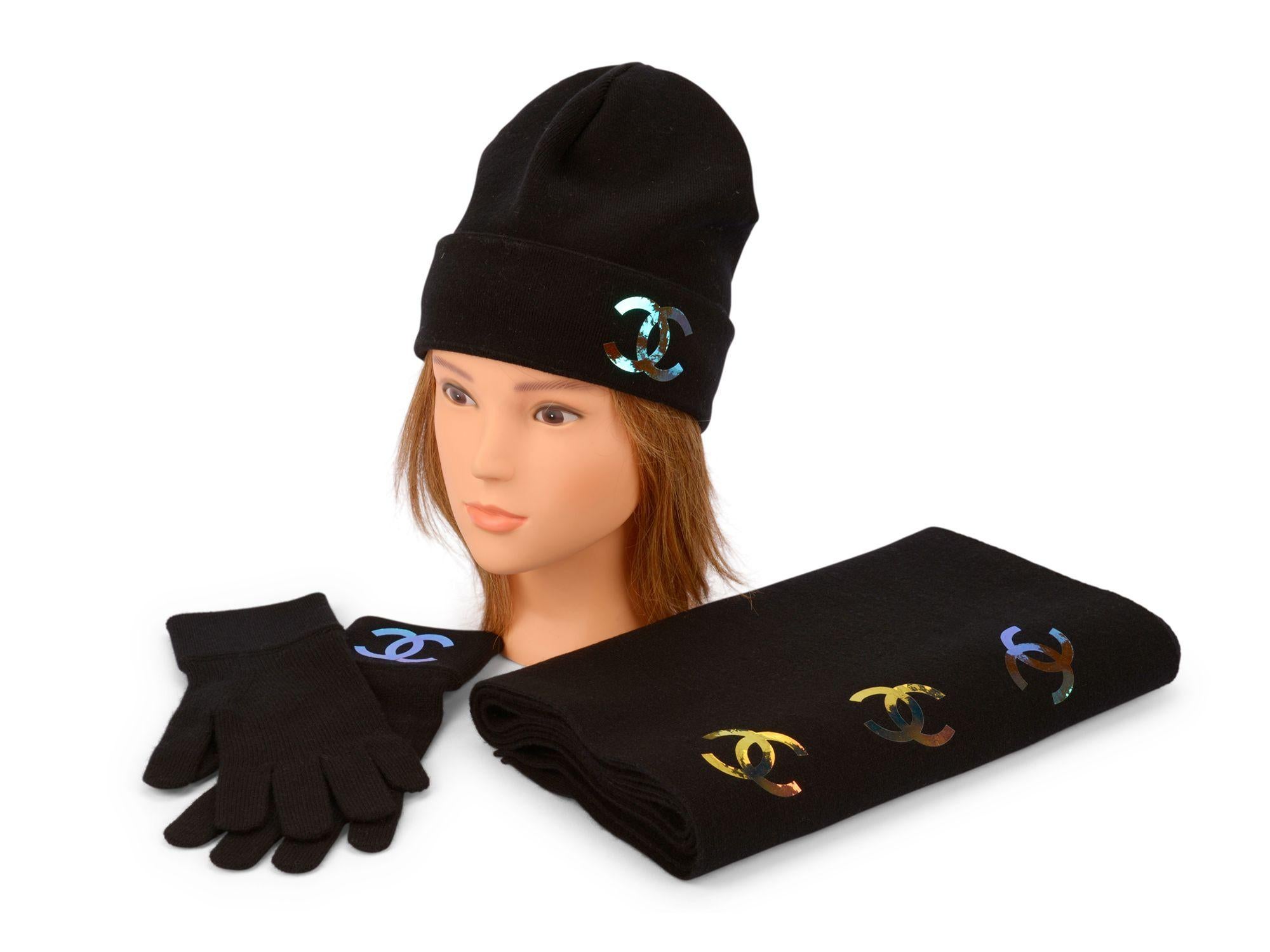 Chanel Black Knit Hat Glove Scarf Set For Sale