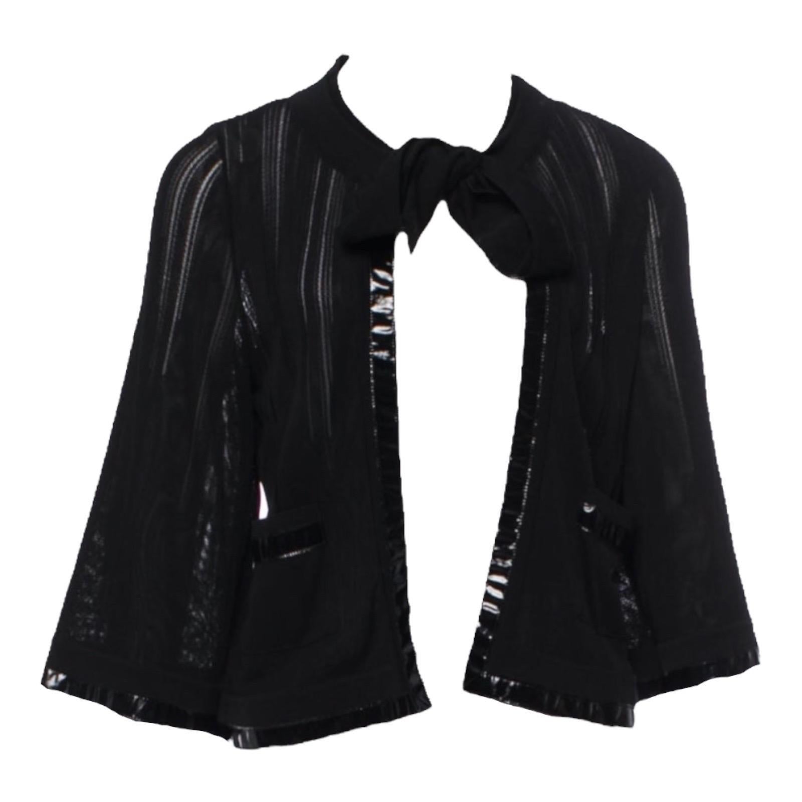 Chanel Black Knit Jacket Cardigan with Vinyl Trimmings 40