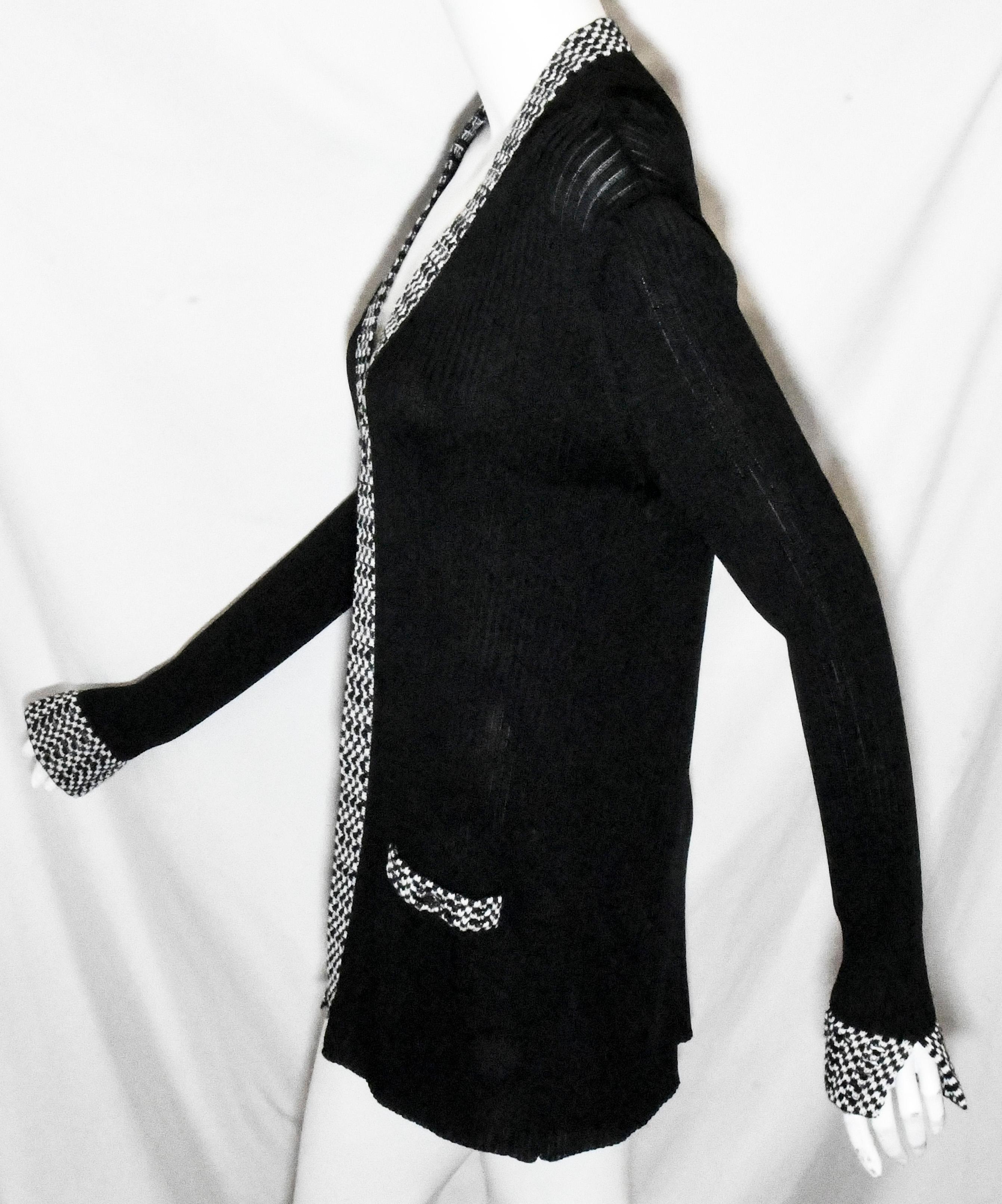 Women's Chanel Black Knit Open Front Jacket W/ Black & White Crochet Trim For Sale