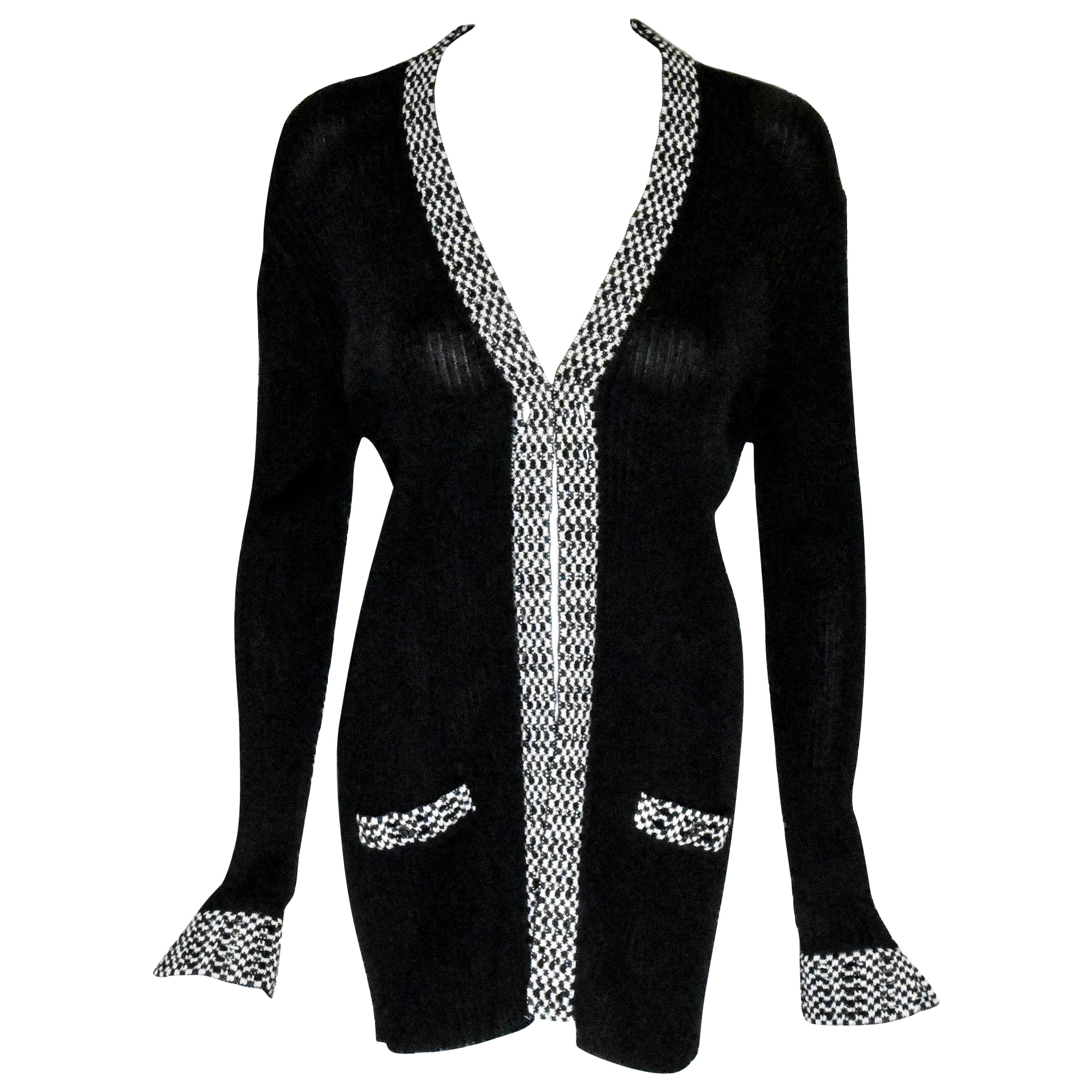 Chanel Black Knit Open Front Jacket W/ Black & White Crochet Trim For Sale