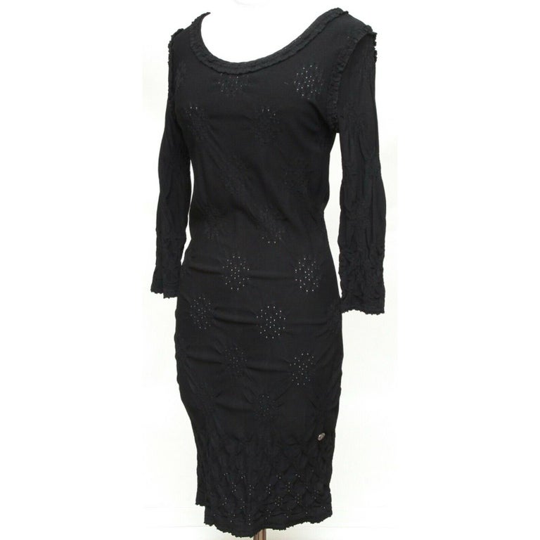 CHANEL Black Knit Sweater Dress Long Sleeve Pointelle Silver 36 Cruise 2011  For Sale at 1stDibs