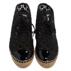 Chanel Black Lace And Patent Leather High Top Espadrille Sneakers Size 39