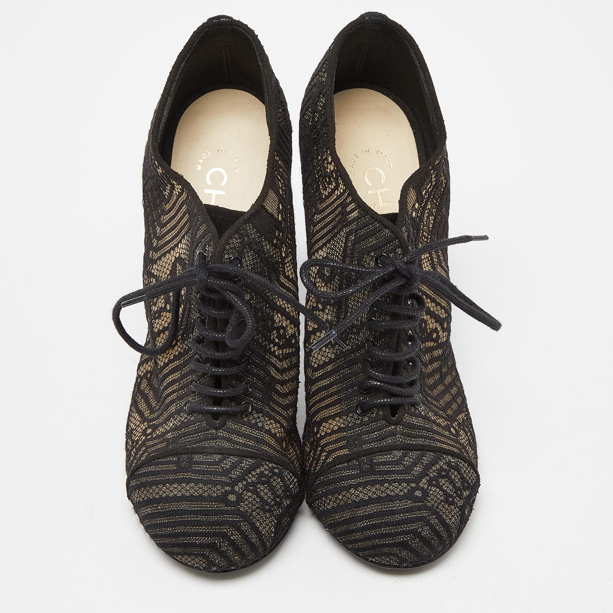 Chanel Black Lace and Suede Lace Up Ankle Booties Size 37 In Good Condition In Dubai, Al Qouz 2