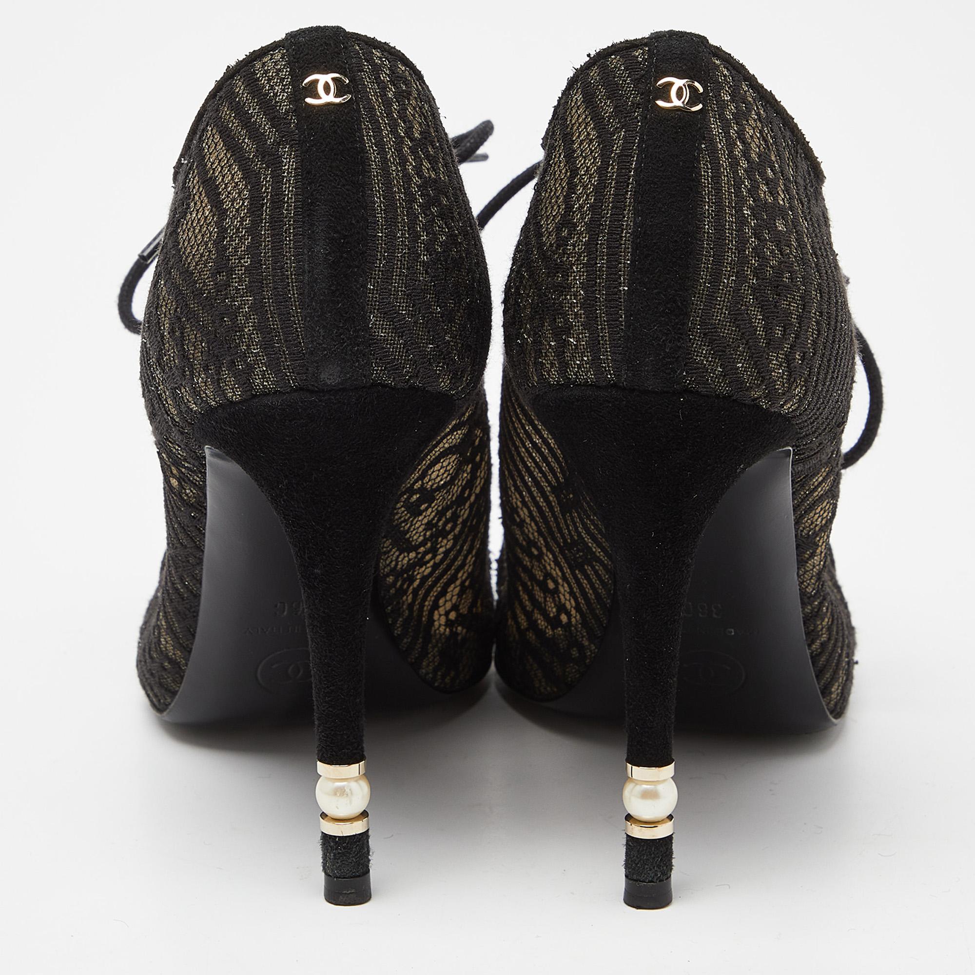 Chanel Black Lace and Suede Lace Up Ankle Booties Size 37 1