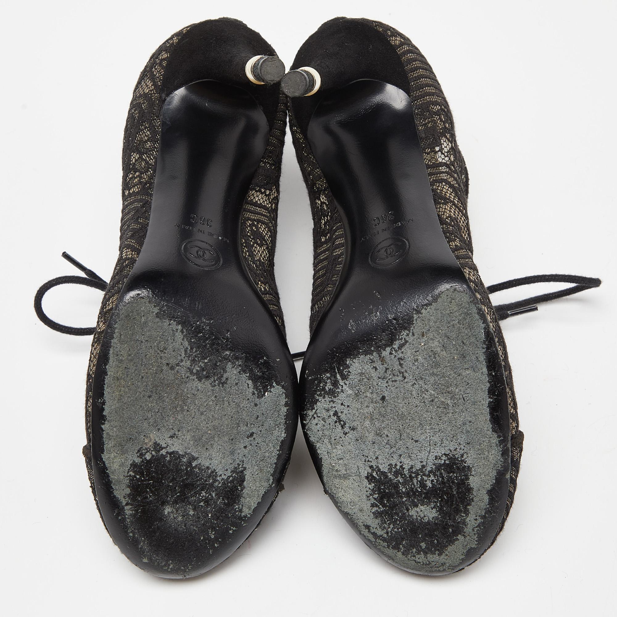 Chanel Black Lace and Suede Lace Up Ankle Booties Size 37 2
