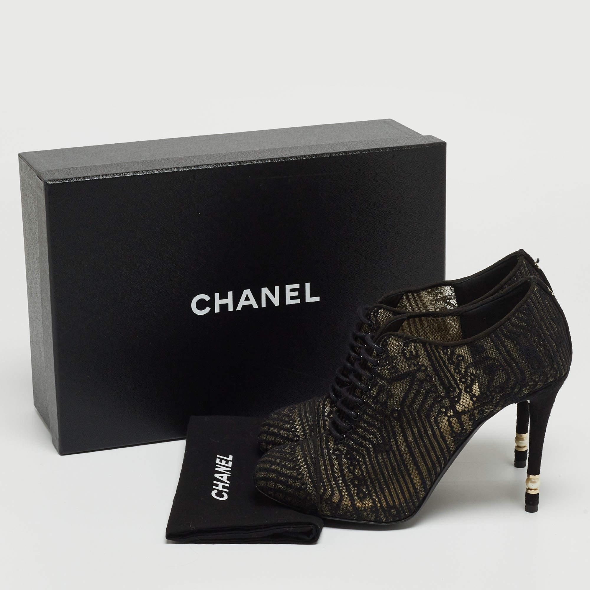 Chanel Black Lace and Suede Lace Up Ankle Booties Size 37 For Sale 5